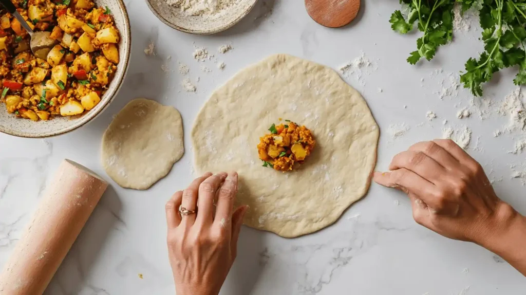 Assembling Spicy Potato Stuffed Flatbread (1)