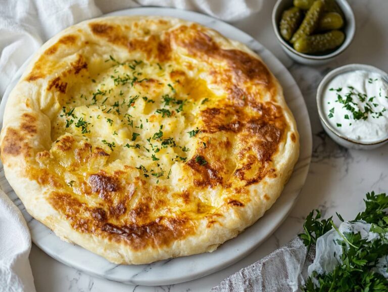 A freshly cooked spicy potato stuffed flatbread on a wooden plate with yogurt and pickles.