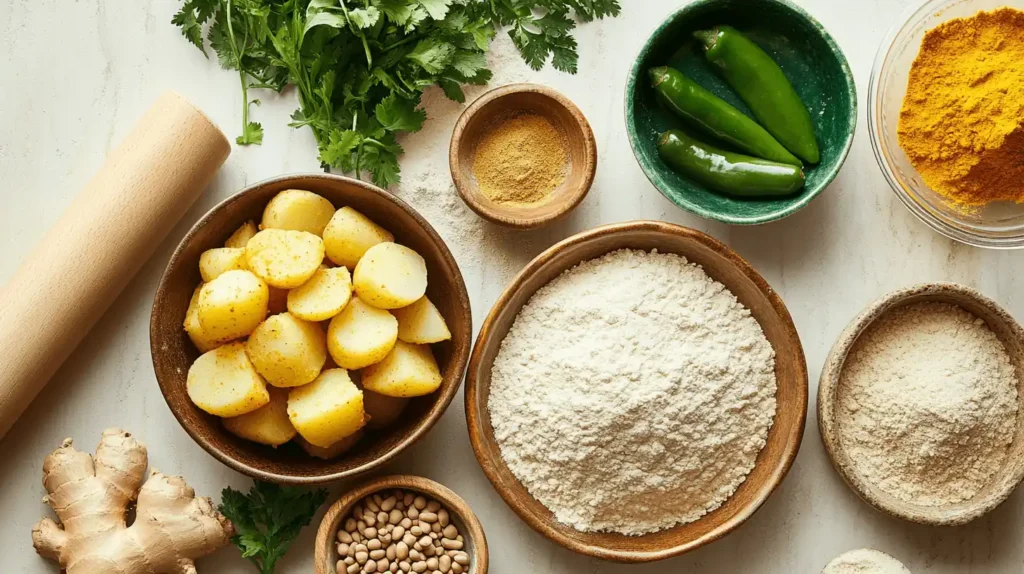 Vibrant flat-lay of ingredients for Spicy Potato Stuffed Flatbread Recipe