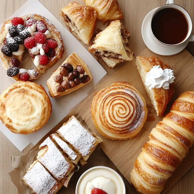 An assortment of sweet pastries, including croissants, danishes, fruit tarts, and cinnamon rolls, served with a cup of coffee.