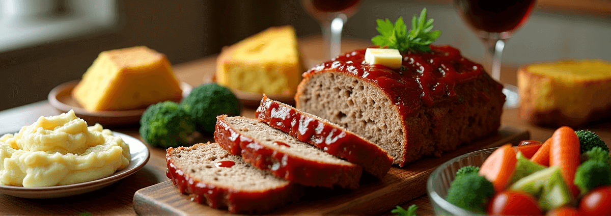 A perfectly sliced Stove Top Stuffing Meatloaf surrounded by mashed potatoes, steamed vegetables, cornbread, a garden salad, and a glass of red wine on a rustic wooden table