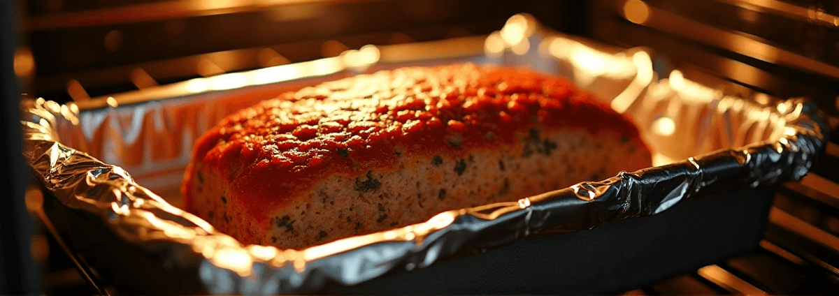 Meatloaf baking in an oven covered with aluminum foil in a rectangular pan.