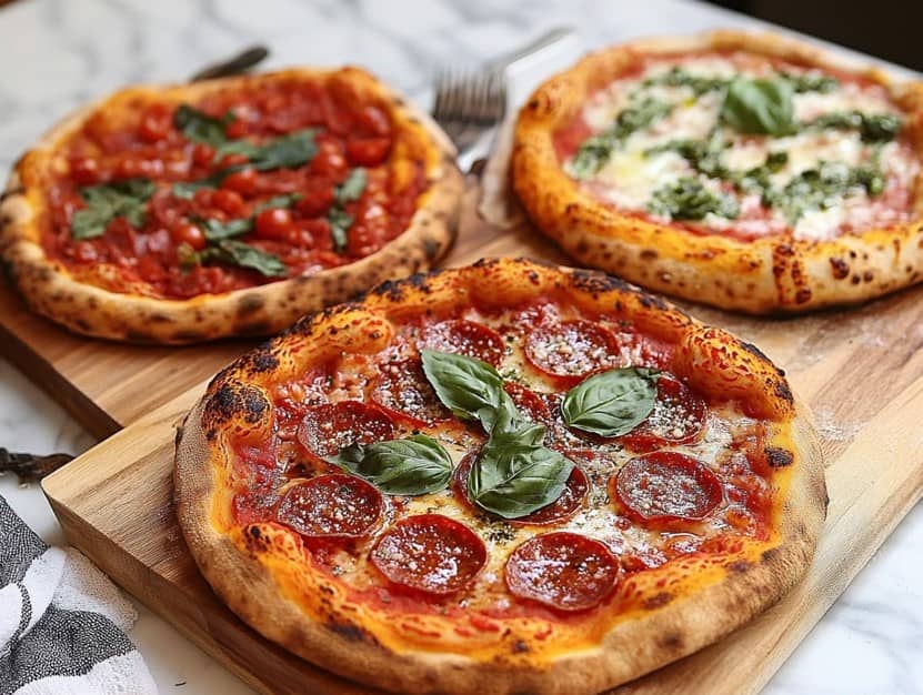 Three distinct pizza styles: New York thin crust, Chicago deep dish, and Neapolitan wood-fired