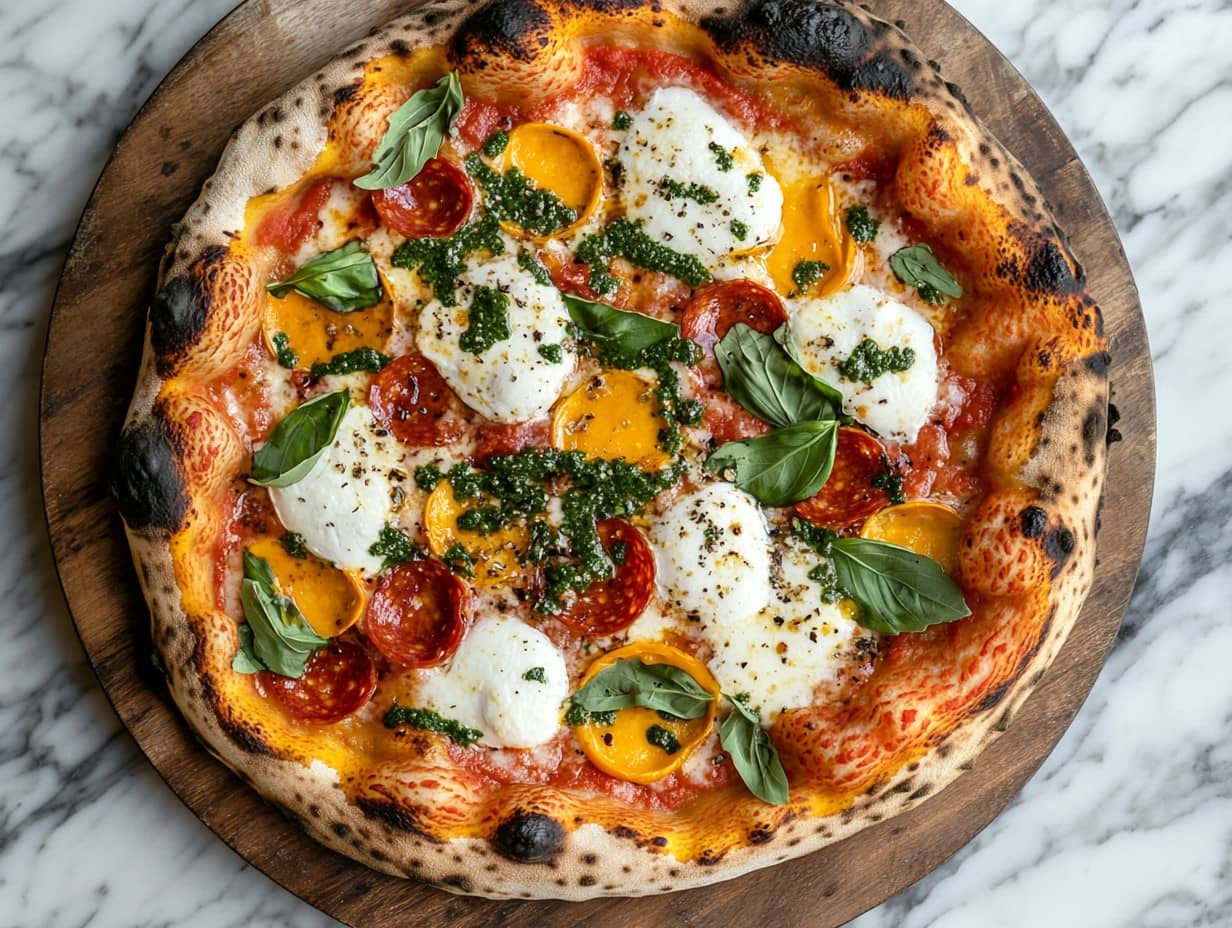 A freshly baked pizza with a golden crust, melted cheese, and vibrant toppings.