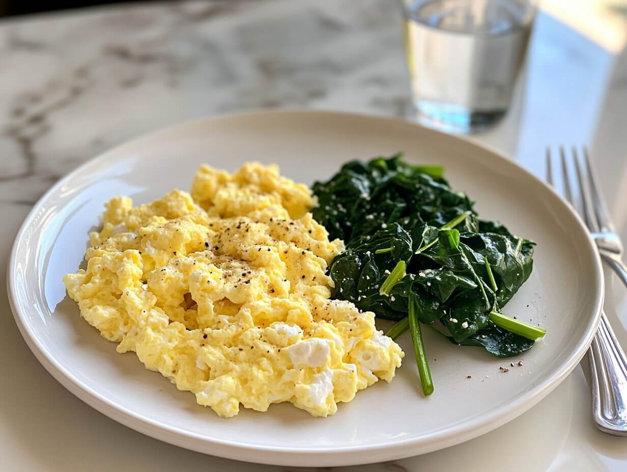 A plate of scrambled cottage cheese eggs with spinach.