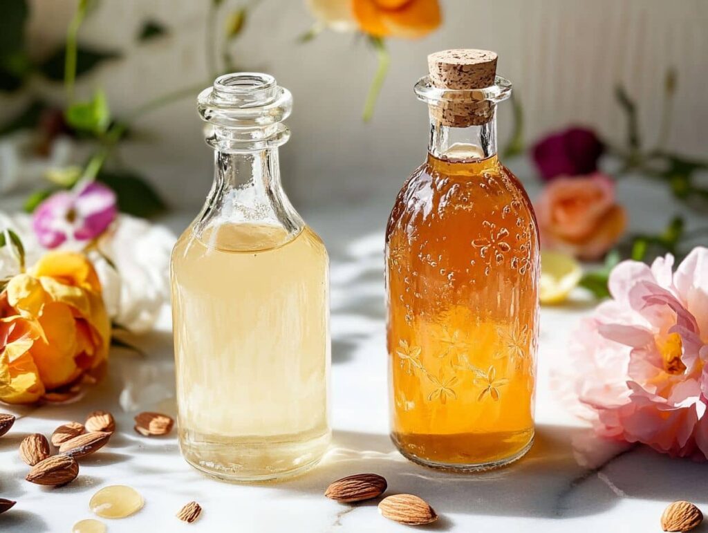 Two bottles of syrup: one clear, almond syrup and one amber, floral almond syrup, surrounded by almonds and flowers
