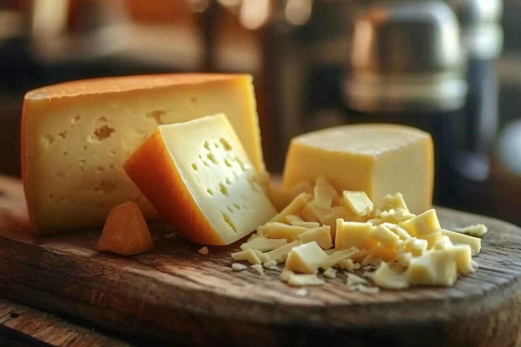 A selection of assorted cheeses including cheddar, gouda, and monterey jack