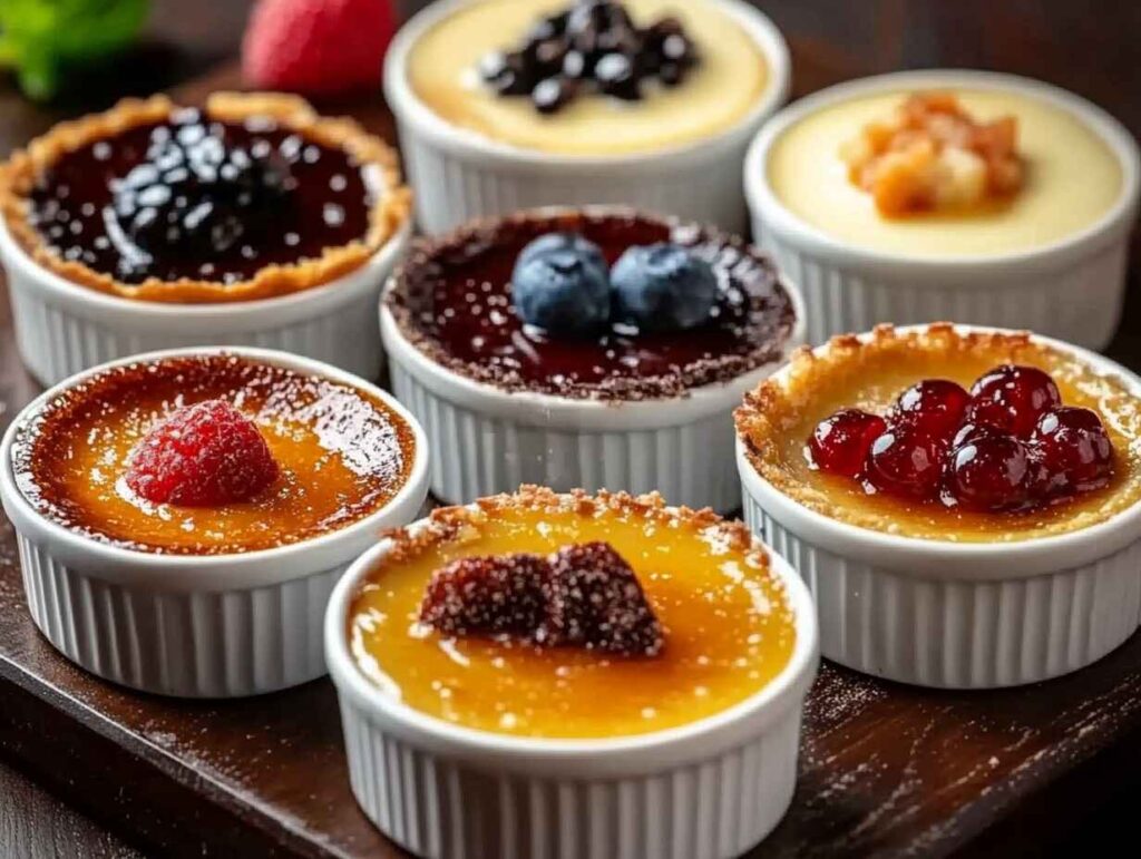 An assortment of crème brûlée variations served in individual white ramekins