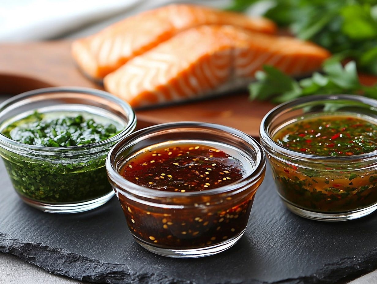 election of sauces for salmon with fillets in the background
