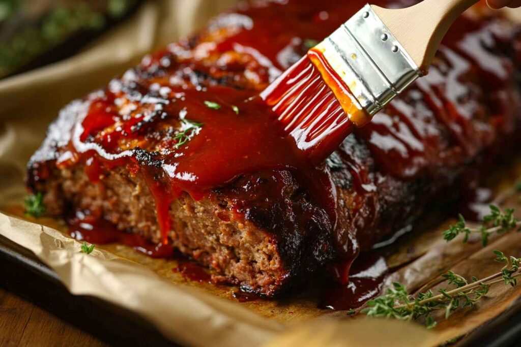 Hand brushing ketchup glaze onto a meatloaf during cooking.