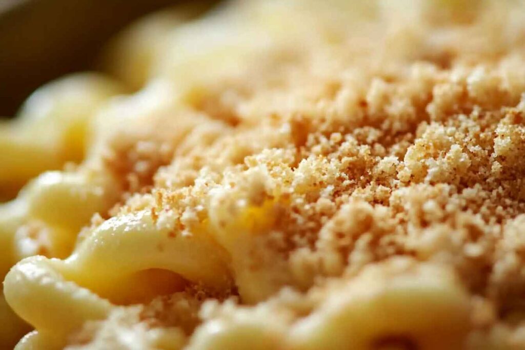 A close-up view of macaroni and cheese with a golden breadcrumb crust, showcasing its creamy texture and crispy topping