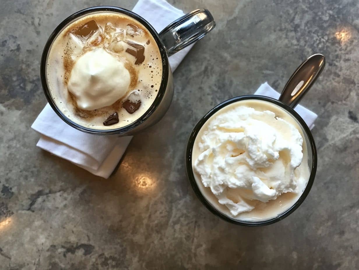 A table showing a coffee cup with foam and whipped cream side by side.