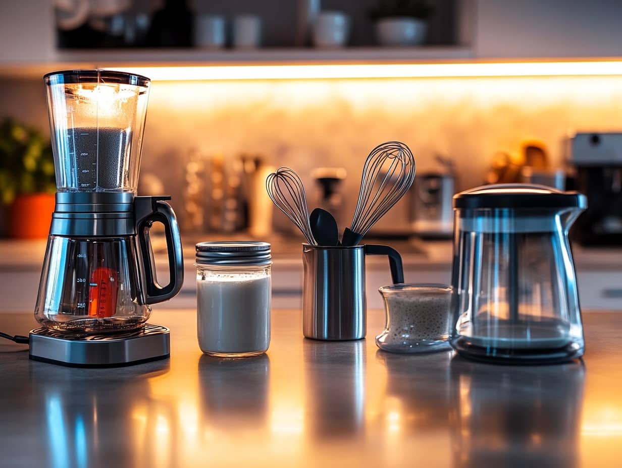 Milk frother, blender, jar, and whisk tools for making cold foam.