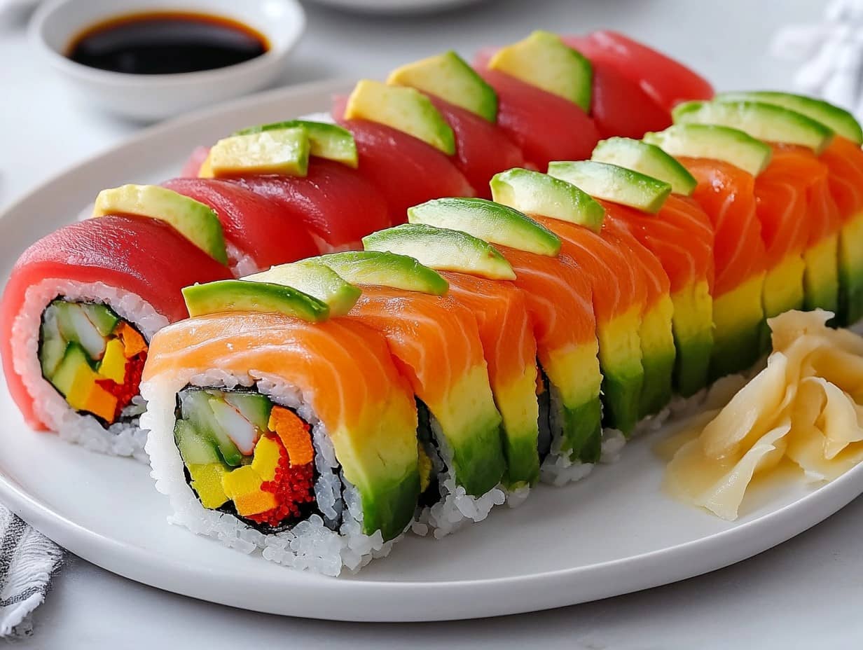 Finished rainbow roll sliced and plated with garnishes.