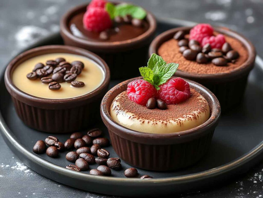 Four Custard Desserts With Different Toppings, Including Raspberries, Chocolate, And Coffee Beans.