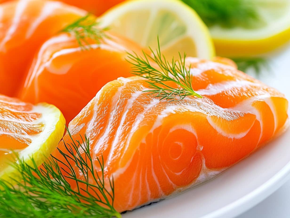 Fresh raw salmon slices with herbs.