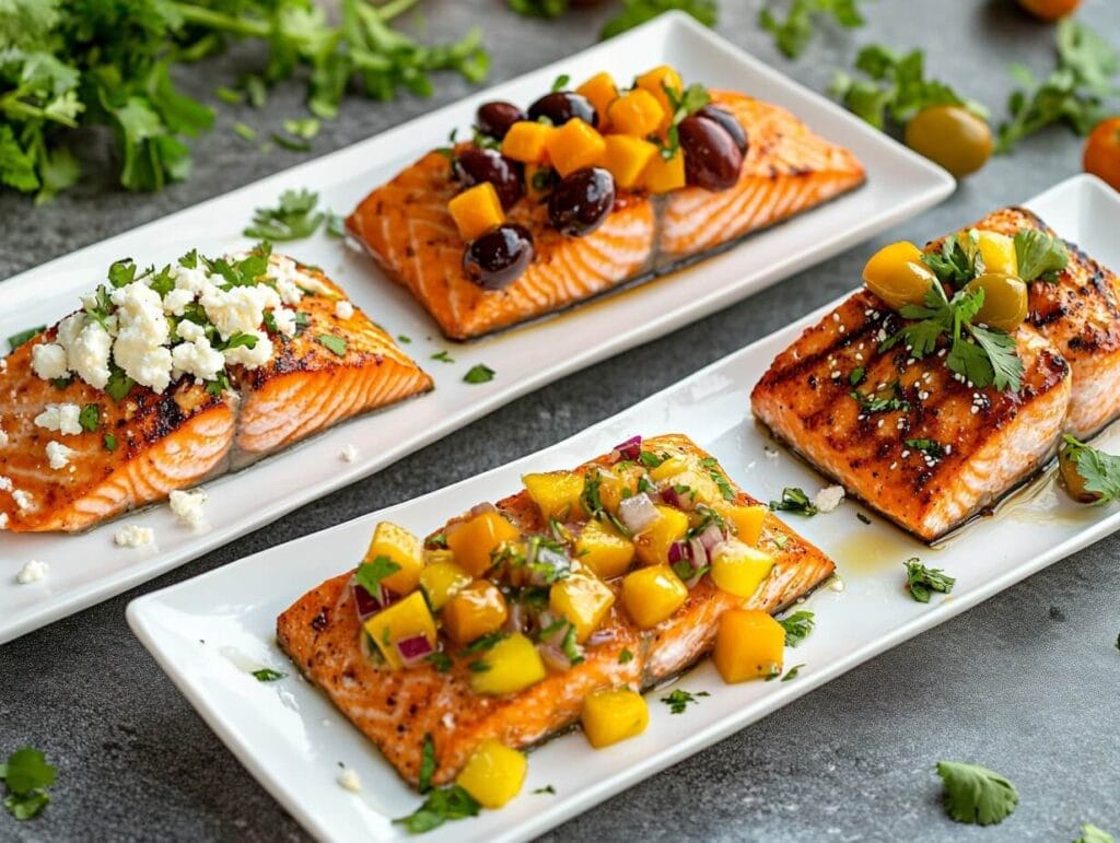 Three globally inspired salmon dishes: teriyaki, Mediterranean, and Latin-style.