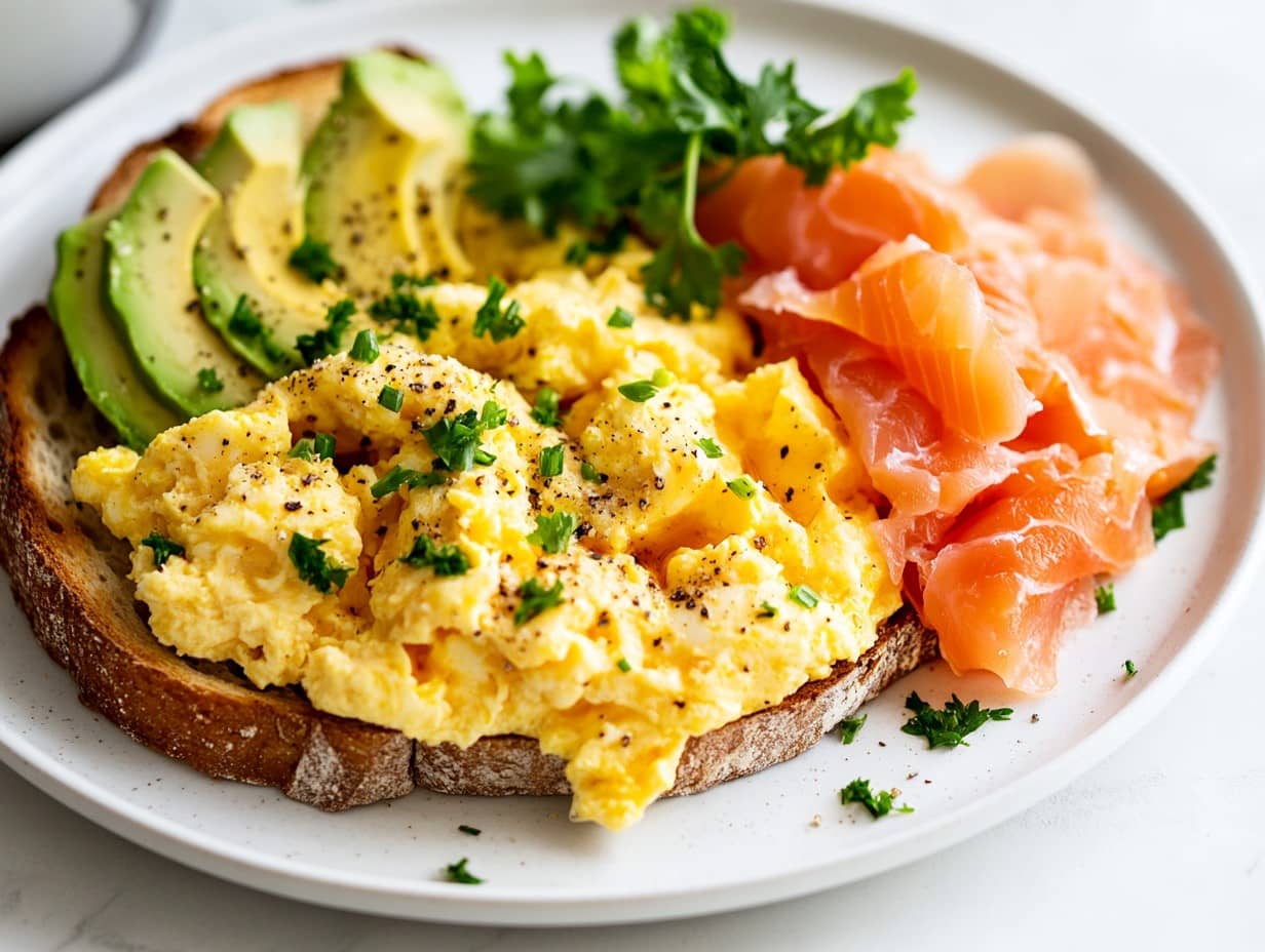 Ramsay-style scrambled eggs with smoked salmon and avocado slices