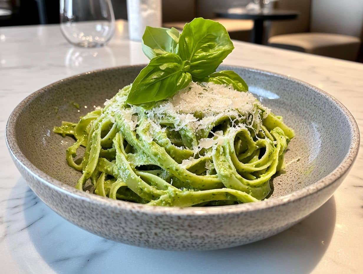A plate of vibrant green pasta topped with fresh herbs and grated Parmesan.