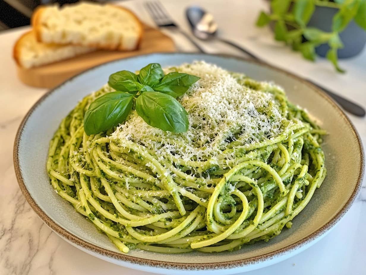 A vibrant plate of green spaghetti garnished with fresh herbs and Parmesan cheese.