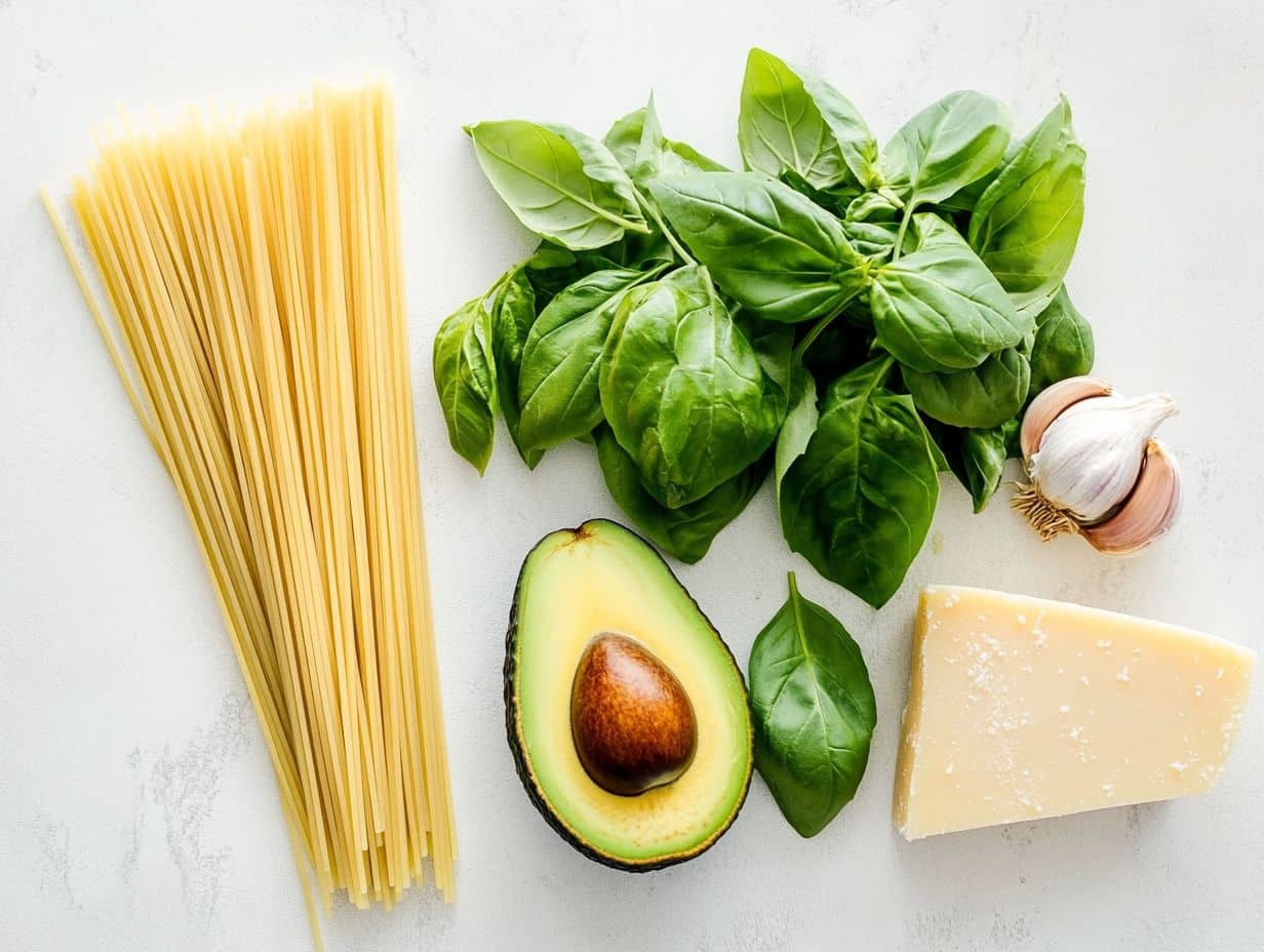 Ingredients for green spaghetti including basil, spinach, avocado, and spaghetti.