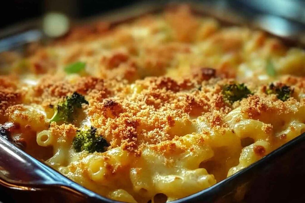 A colorful casserole dish filled with macaroni and cheese, topped with melted cheese and breadcrumbs, freshly baked.