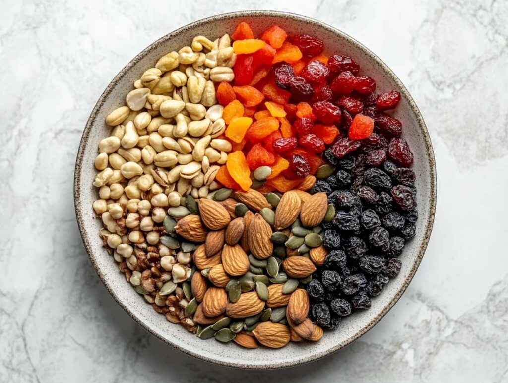 A plate of mixed nuts, seeds, and dried fruits with a text overlay of nutritional benefits