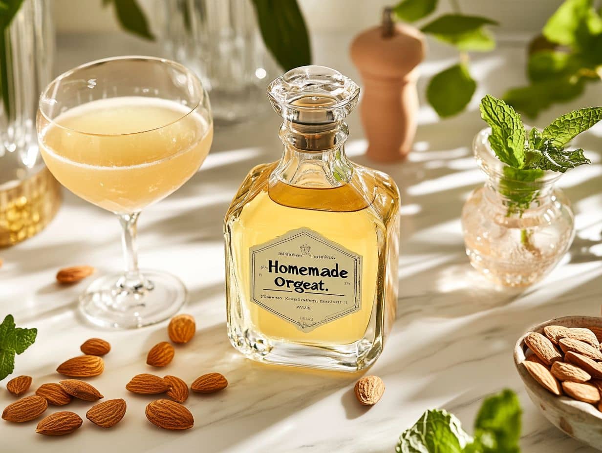 A bottle of homemade orgeat syrup placed next to almonds and a cocktail glass on a rustic kitchen table.