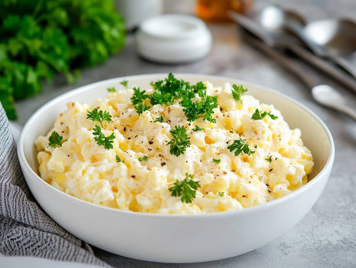 awhite dish with perfectly creamy cottage cheese eggs garnished with fresh herbs.