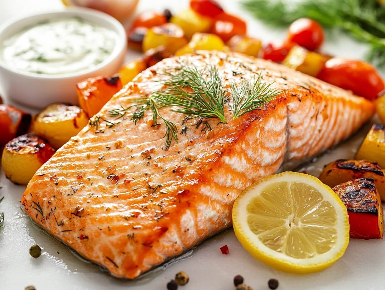 Salmon dish with complementary sides and sauces