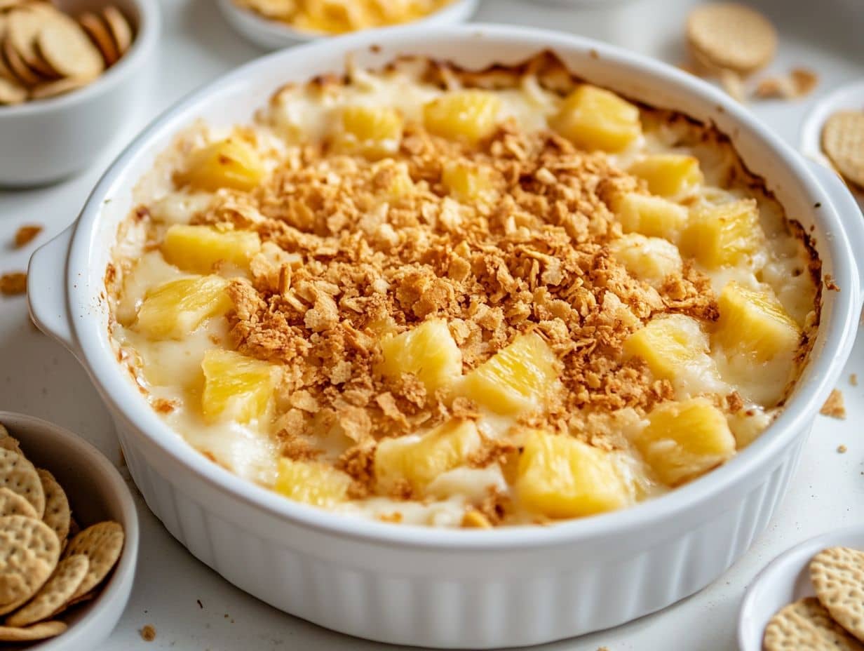 Golden pineapple casserole with cheese and cracker topping in a white baking dish