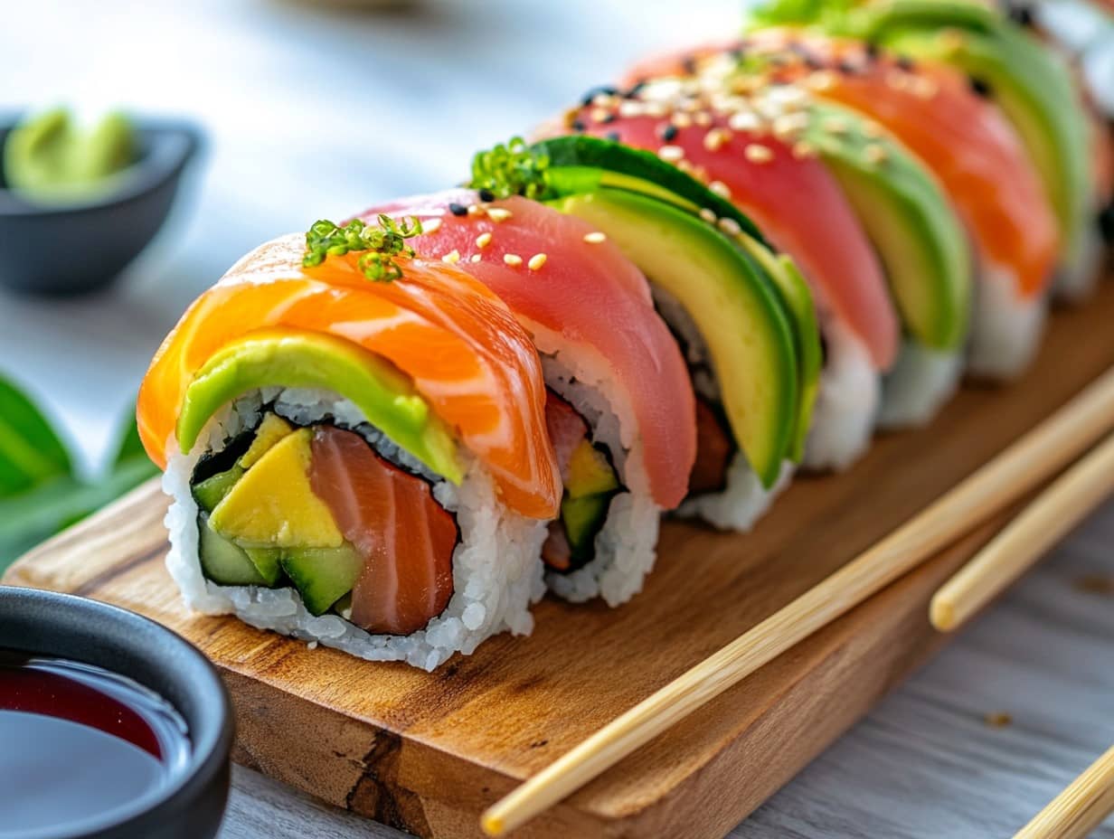 A vibrant rainbow roll sushi placed on a wooden platter