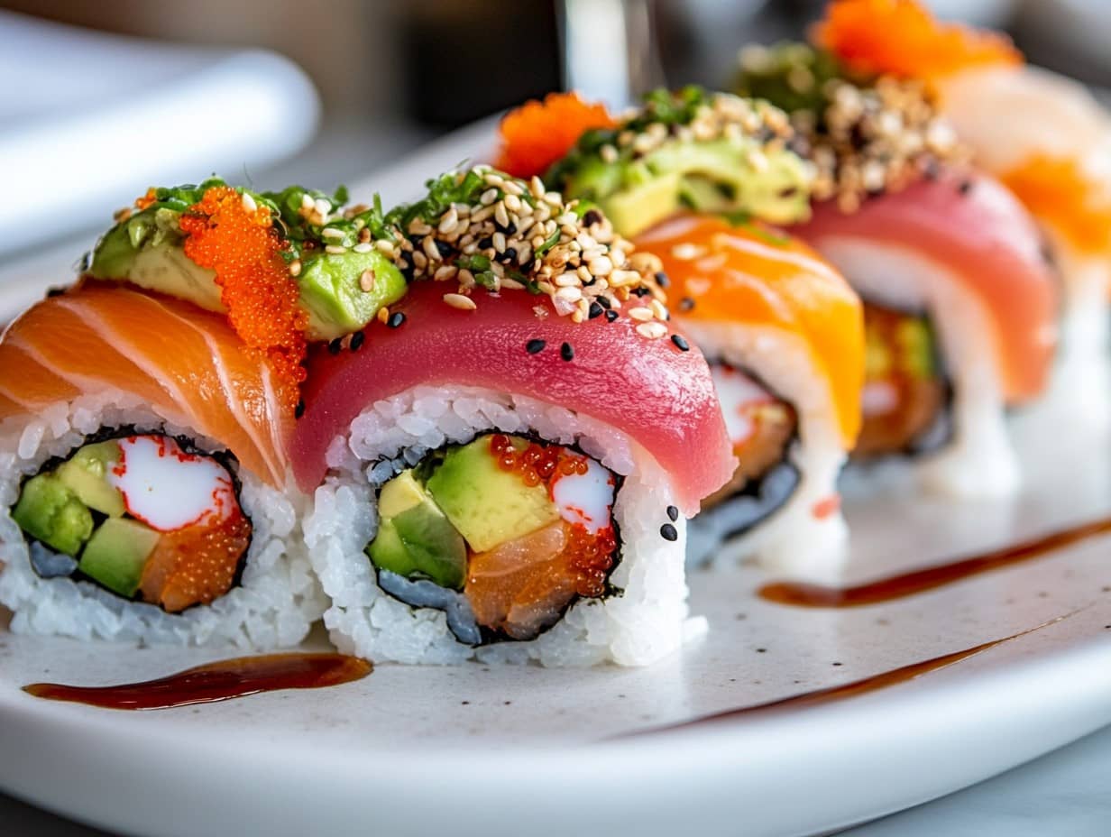 Side-by-side Rainbow Roll and Dragon Roll comparison