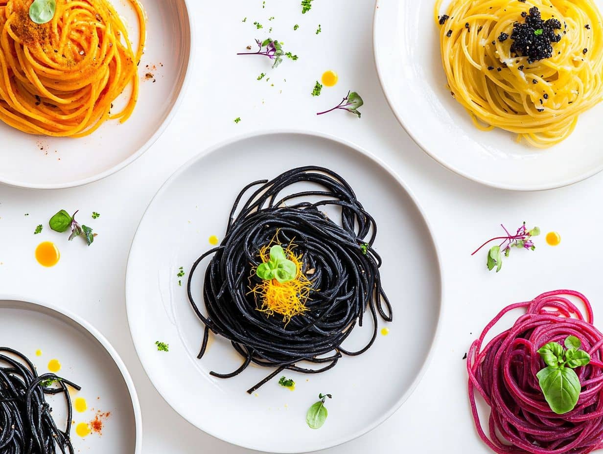 A close-up of various rare spaghetti varieties, including black squid ink spaghetti, saffron spaghetti, and beetroot spaghetti, beautifully plated with sauces and garnishes.
