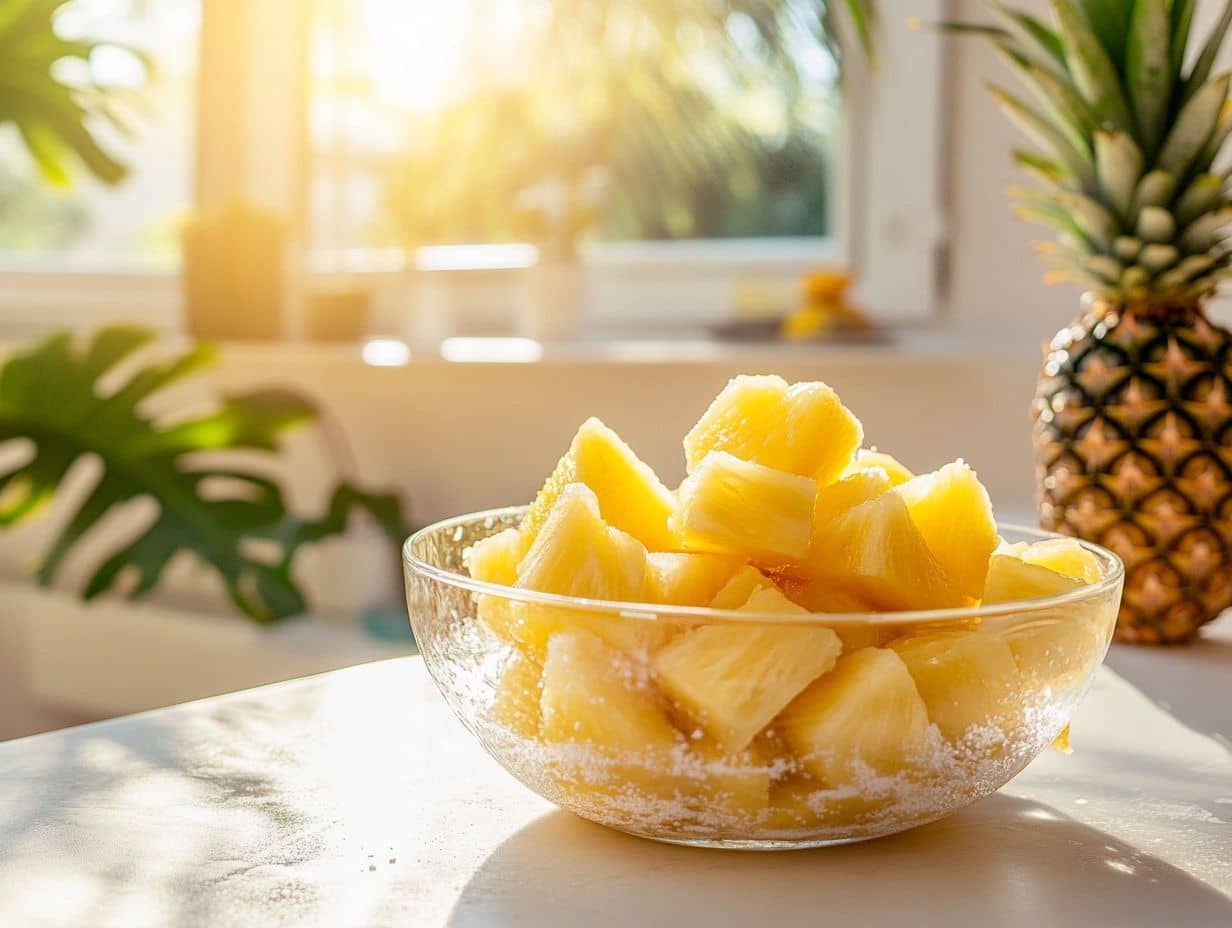 Soaking pineapple in salt water with a tropical background.