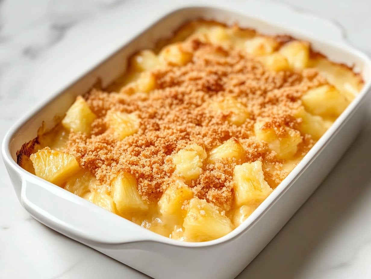 Pineapple casserole dish with golden crust served on a marbre table.