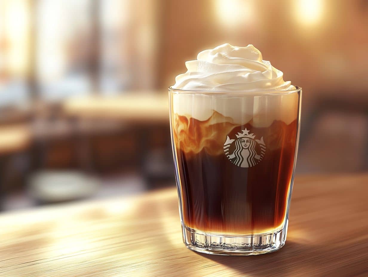 A Starbucks cold brew topped with creamy cold foam, served in a clear glass.