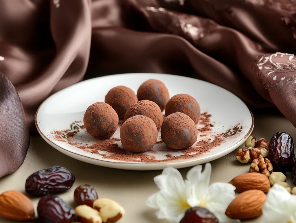 A stack of chocolate energy balls on a ceramic plate