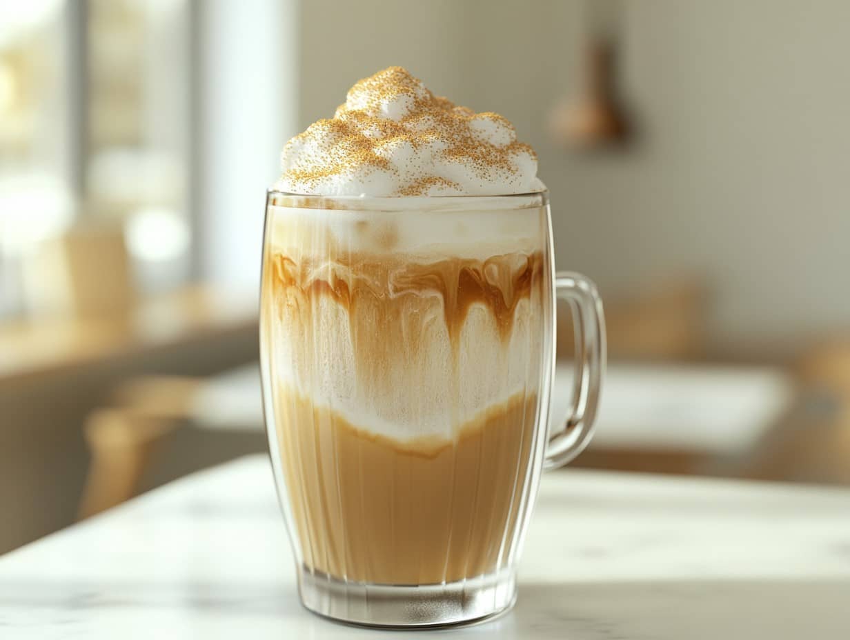 A frothy layer of cold foam topping an iced coffee.