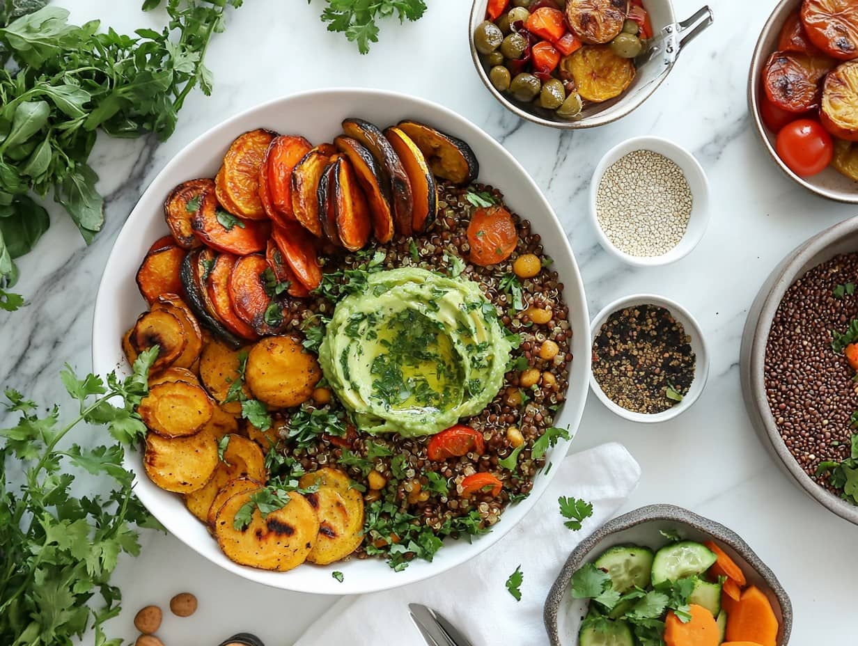 A colorful vegan menu spread with various plant-based dishes on a rustic table