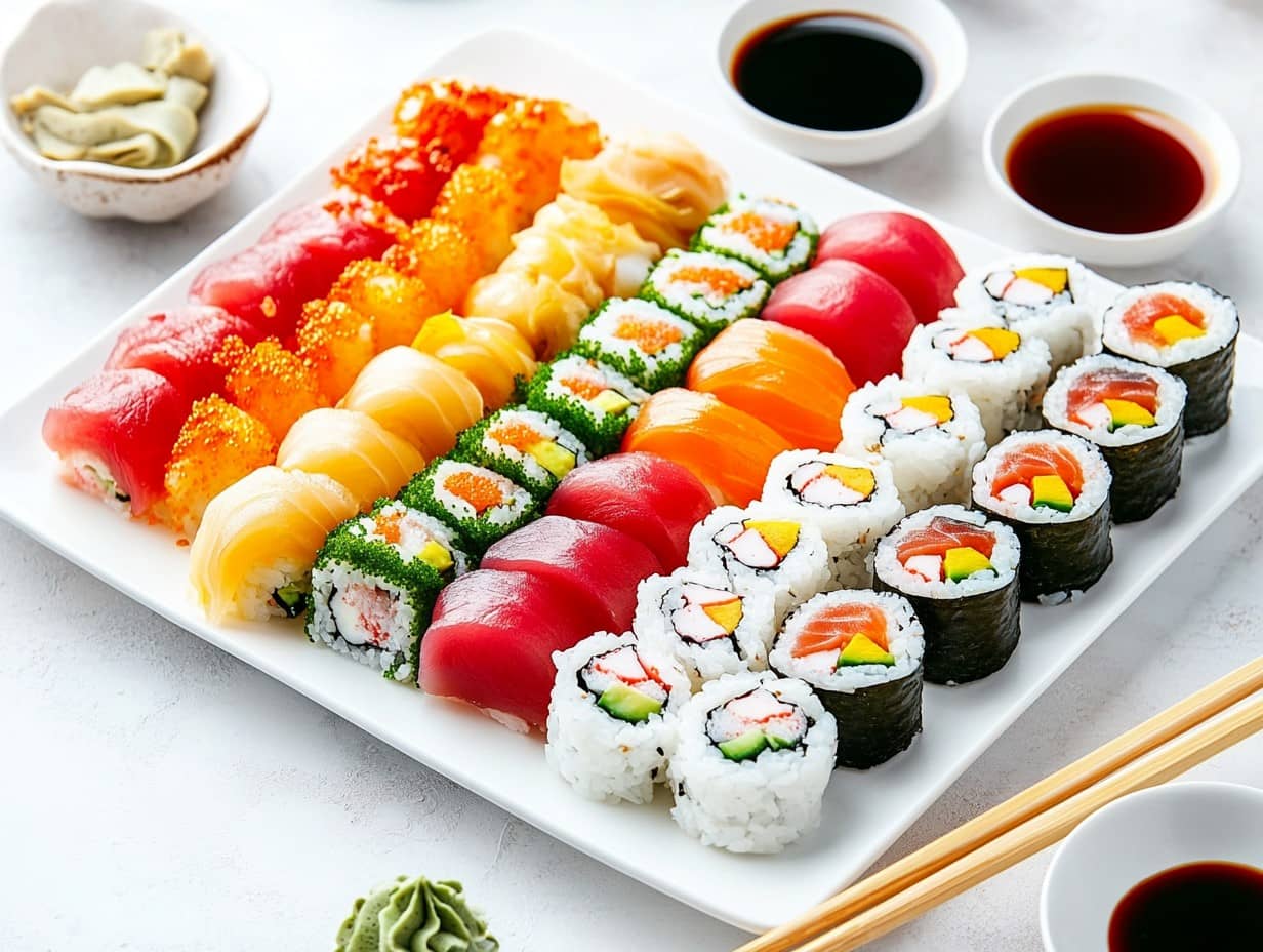 Assorted sushi rolls on a wooden platter with soy sauce and chopsticks
