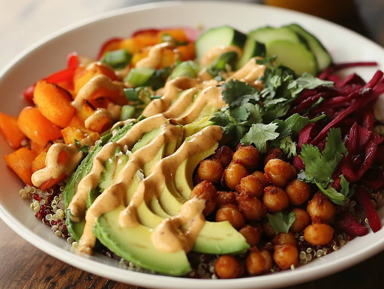 Vegan Buddha bowl with quinoa, chickpeas, and avocado.