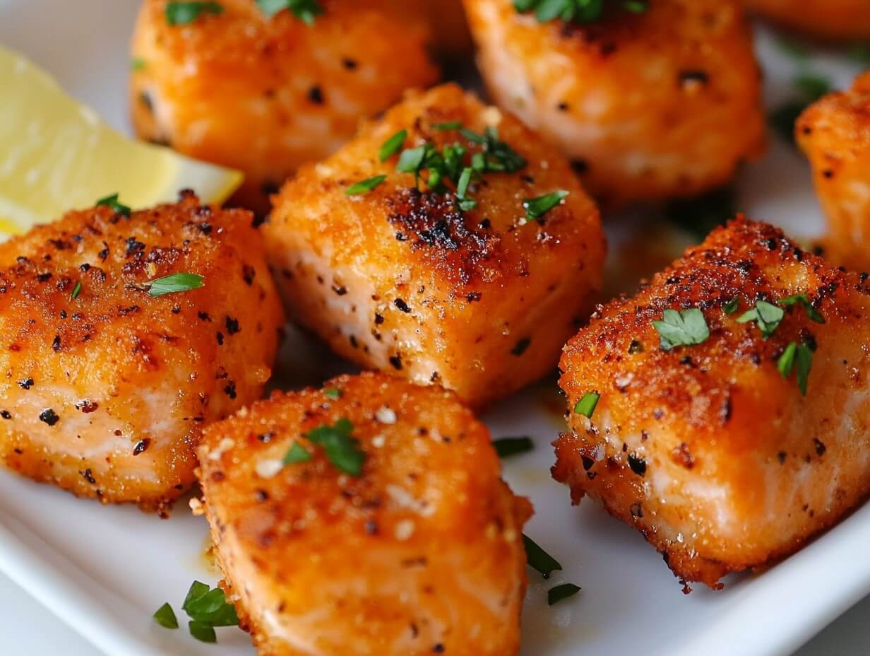Close-up of freshly cooked salmon bites with garnish.