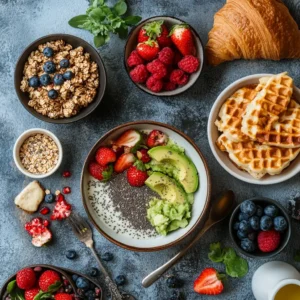 A vibrant breakfast spread featuring a yogurt bowl with chia seeds, strawberries, avocado, granola, waffles, fresh berries, and a croissant.