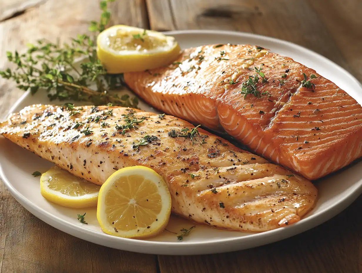 **Prompt for MidJourney:** "A beautifully styled dinner table featuring a perfectly cooked steelhead trout fillet and a salmon fillet side by side. Both are garnished with fresh herbs, lemon slices, and a sprinkle of seasoning. The scene includes a rustic wooden background, soft natural lighting, and a cozy, inviting atmosphere. The steelhead trout has a mild pink hue, while the salmon appears rich and vibrant, showcasing their distinct colors and textures. Perfect for illustrating a seafood comparison.