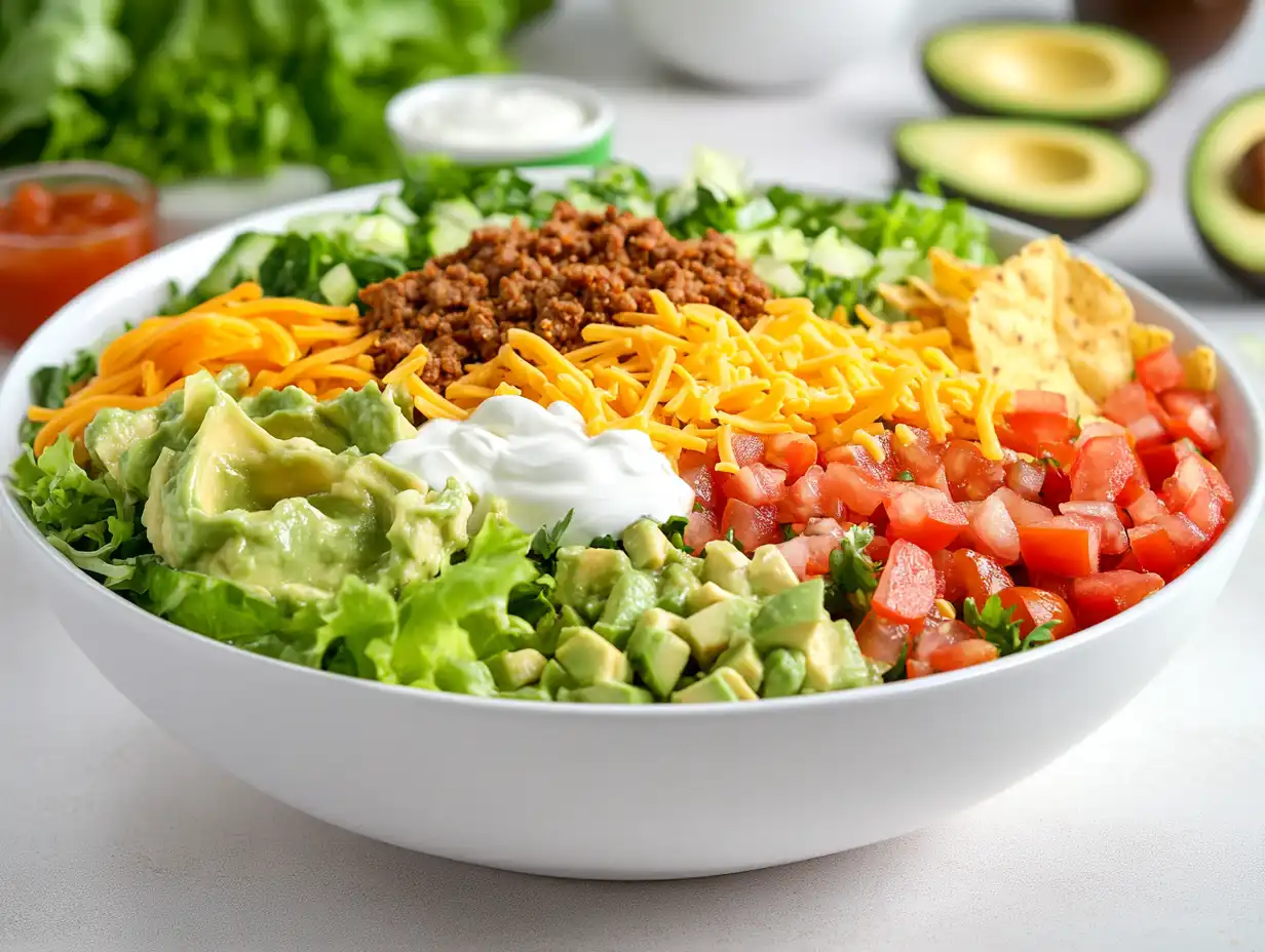 A vibrant bowl of taco salad featuring fresh greens, seasoned ground beef, colorful toppings, and tortilla chips.