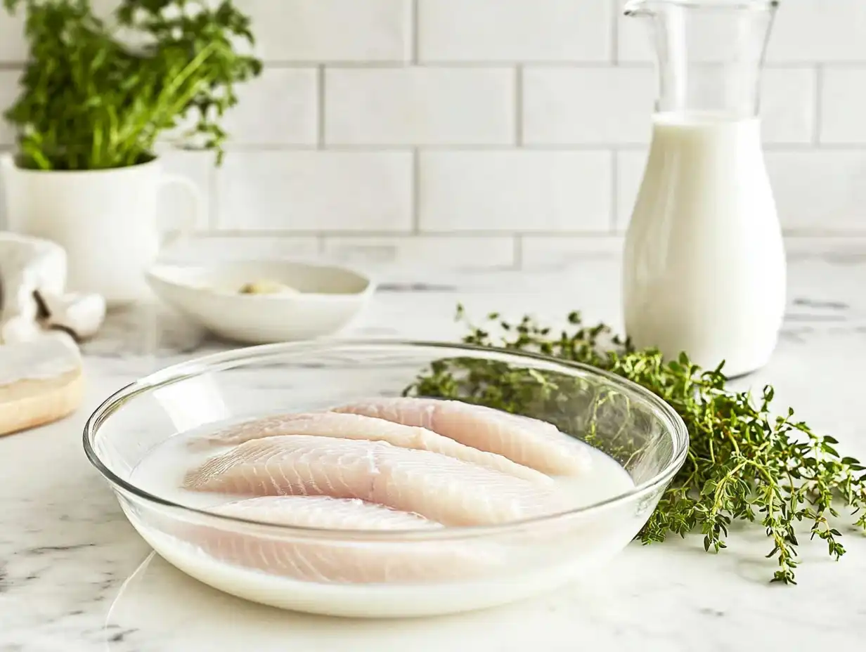 A bowl of rockfish fillets soaking in milk on a kitchen