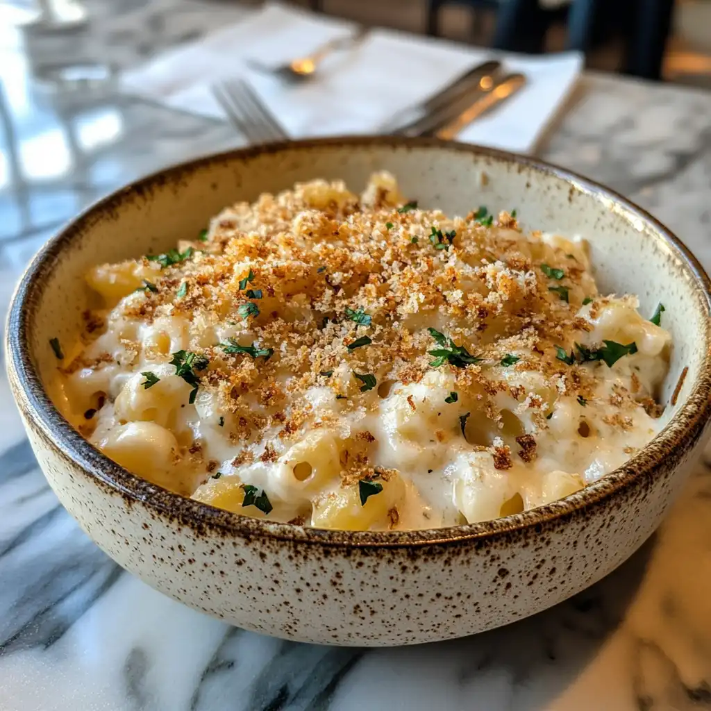 A beautifully plated bowl of mac and cheese with a golden breadcrumb crust, garnished with parsley.