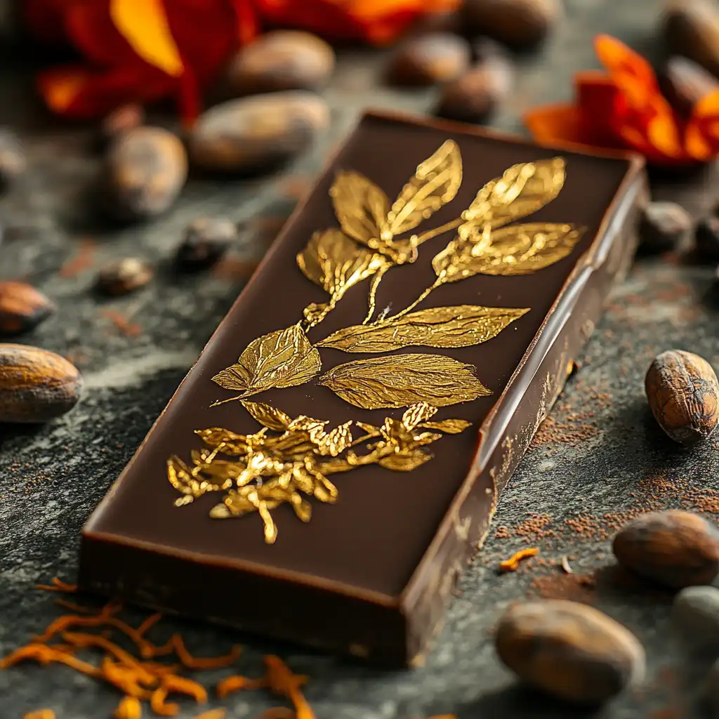 A luxurious Dubai chocolate bar with gold leaf decoration.