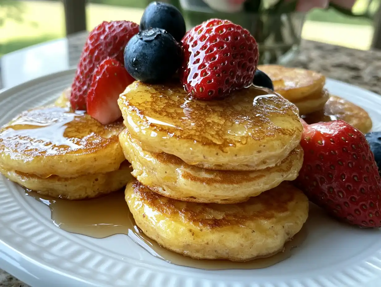 A stack of golden mini pancakes with berries and syrup.